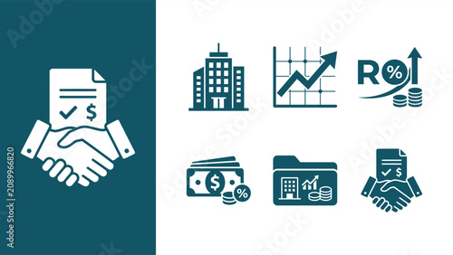 Obraz na plátně Business handshake with contract and financial icons: partnership, investment, growth graphs, ROI, and profitability symbols