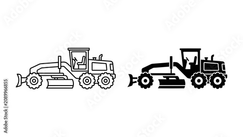 Foto Motor Grader Icons: A clean, graphic representation of a motor grader in both outline and solid fill styles, suitable for construction or engineering concepts