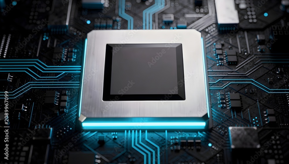 Fototapeta premium Advanced processor chip on digital motherboard with glowing circuit pathways, high performance semiconductor technology, intelligent computing system and futuristic network background