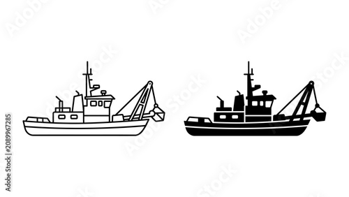 Obraz na płótnie Fishing Trawler Icons: A pair of graphic icons representing a fishing trawler, one in outline and the other in silhouette, showcasing its structure and machinery