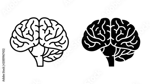 Foto Brain Icons: Two simplified illustrations of a human brain, one outlined in black and white, the other filled in black, symbolizing intelligence and cognition