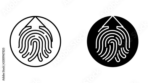 Bild auf Leinwand Fingerprint Identity Growth Symbol: Two circular icons, one in black and white, feature a stylized fingerprint morphing into an upward-pointing arrow, symbolizing personal growth, uniqueness