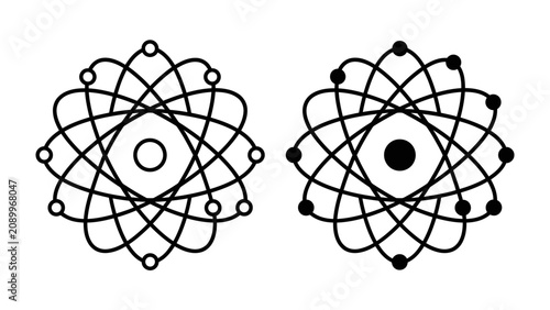 Obraz na płótnie Atomic Structure Diagrams: Two stylized diagrams illustrate atomic structure, depicting orbital paths with electrons represented by small circles around a central nucleus