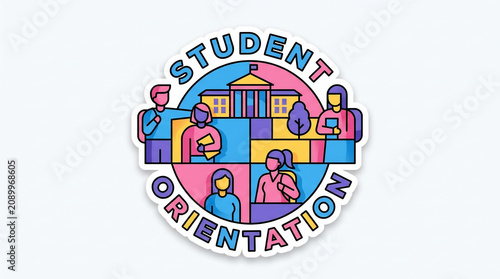 Student Orientation flat vector illustration badge featuring college students and university building 