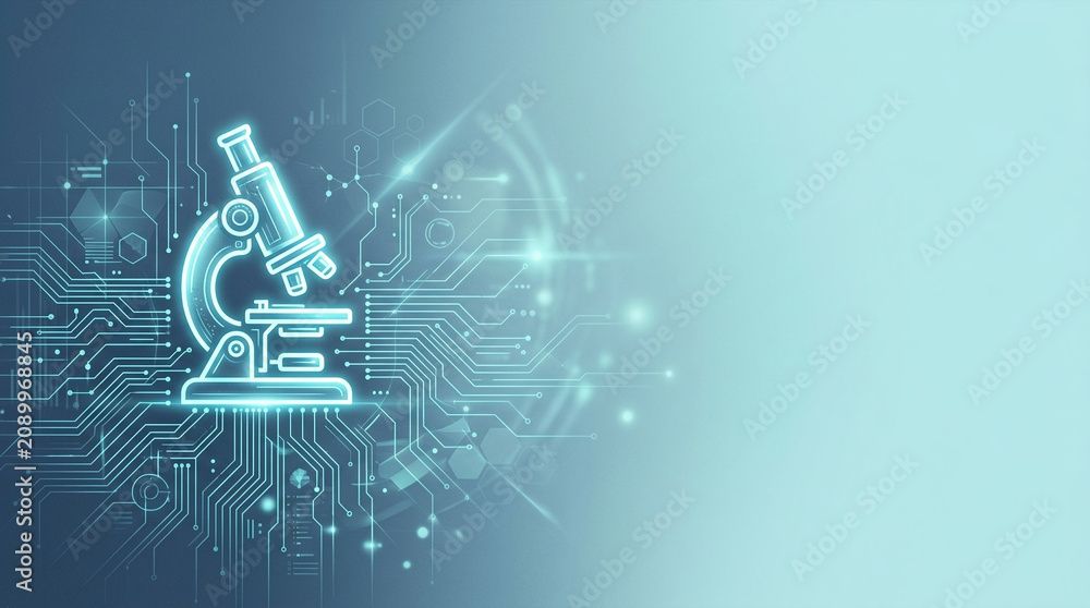 Fototapeta premium Glowing microscope on futuristic circuit board representing scientific discovery and technology