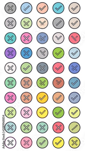 A collection of colored checkmark and cross icons in circles