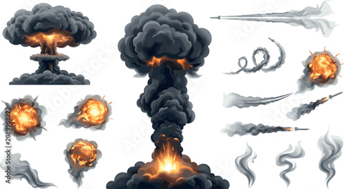 Tablou pe pânză Nuclear Explosion and Missile Smoke Trail Vector Set with Mushroom Clouds Bomb B