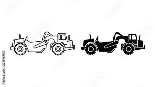 Obraz na płótnie Construction Scraper Icons: A pair of icons depicting a construction scraper, one in outline and the other in silhouette, representing earthmoving machinery