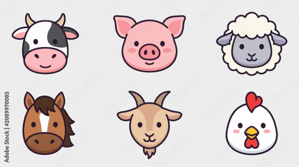 Fototapeta premium Farm animal faces set