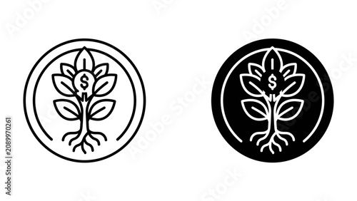Fotografie Money Tree Icon: A stylized icon depicting a money tree with leaves shaped like dollar signs and roots anchoring it within a circular frame, presented in both outline and solid black versions