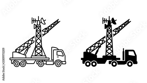 Foto Telecommunication Tower Truck Icon: A stylized illustration showcasing a truck equipped with a telecommunication tower and crane, presented in both line art and silhouette forms