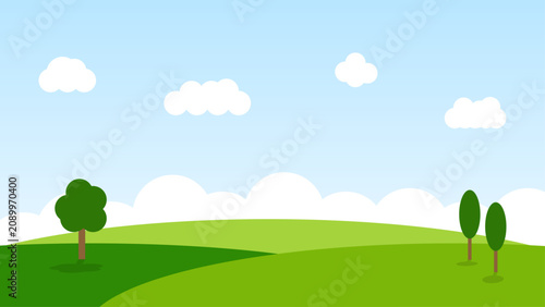 Konstfotografi Serene cartoon landscape with rolling green hills, three stylized trees, and soft white clouds against a bright blue sky, perfect for nature background