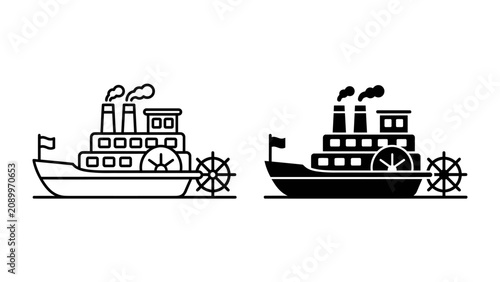 Foto Steamboat Silhouette: A striking contrast of two steamboats, one outlined in a clean line art style and the other a bold, solid silhouette, showcasing the iconic paddlewheel and smokestacks