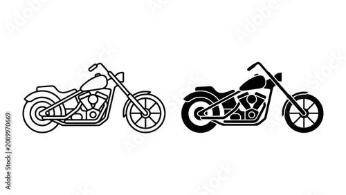 Cuadro en lienzo Iconic Motorcycle Duo: A classic chopper motorcycle presented in both an outline and a solid silhouette style, showcasing its distinctive design and iconic form