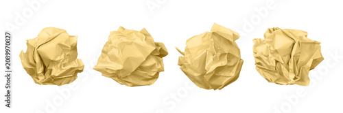 Cuadro en lienzo Set of four crumpled yellow paper balls isolated on a white background represent