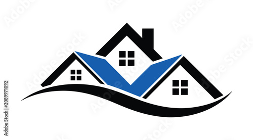 Tableau sur toile Modern stylized illustration of three houses on a hillside landscape, minimal ve