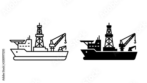 Oil Rig Ship Icon: A graphic representation of an offshore oil drilling ship, depicted in both outline and solid black silhouette.