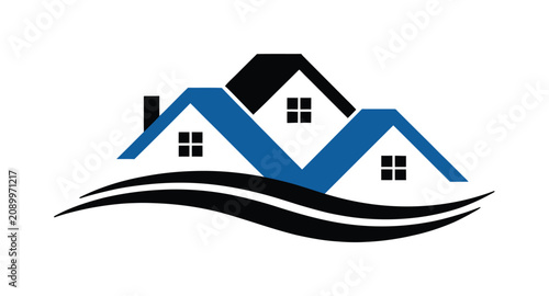 Foto Modern house roof logo with three residential homes and flowing landscape lines,