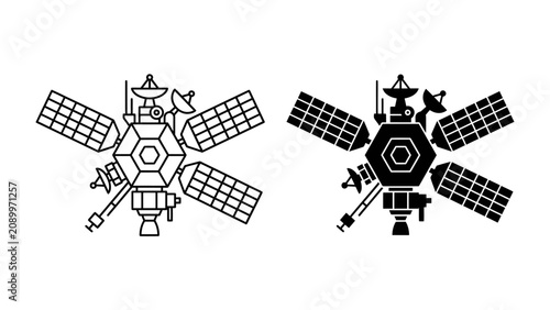 Foto Space Satellite Iconography: A detailed illustration showcasing a space satellite in both outline and silhouette, complete with solar panels and communication dishes, ready for cosmic exploration