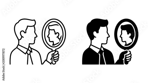 Fotografía Man Inspecting Reflection: A man holding a mirror examines his reflection, contemplating his appearance and identity in a moment of self-awareness