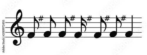 Fotografía Musical notation line featuring treble clef, uniform eighth notes, and staff symbols for audio, composition, and music projects