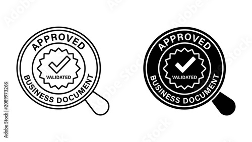 Foto Approved Business Document Stamp: Two distinct stamps, one in outline and one in solid black, signify an officially approved business document, assuring validity and verification