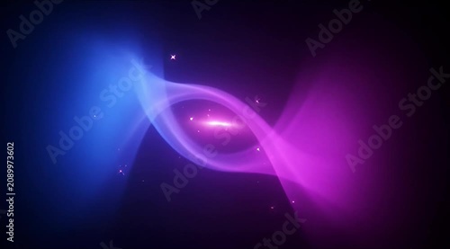 Vibrant purple and blue lights swirl in a dynamic abstract motion.