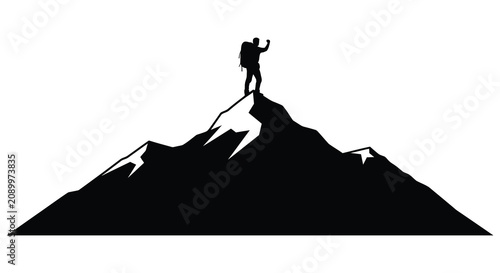 Canvas Print Mountaineer Silhouette On Peak With Backpack White Background