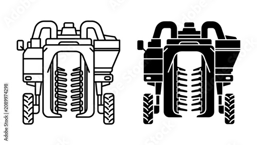 Vászonkép Agricultural Harvester Icon: A set of two icons, one outlined and one solid black, depict a modern agricultural harvester with its cutting mechanism and collection system clearly visible