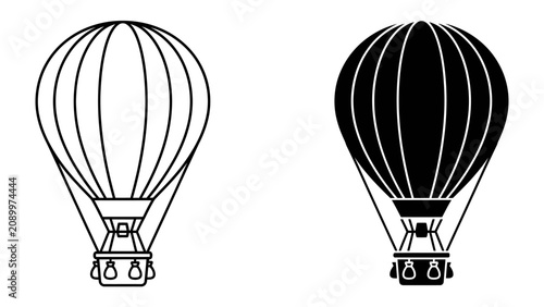 Bild auf Leinwand Hot Air Balloon Outline and Silhouette: Two identical hot air balloons are displayed side by side, one presented as a clean line drawing and the other as a solid black silhouette