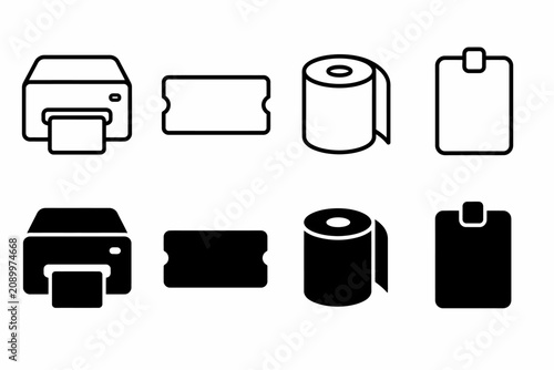 Set of black and white icons: printer, ticket, toilet paper roll, clipboard