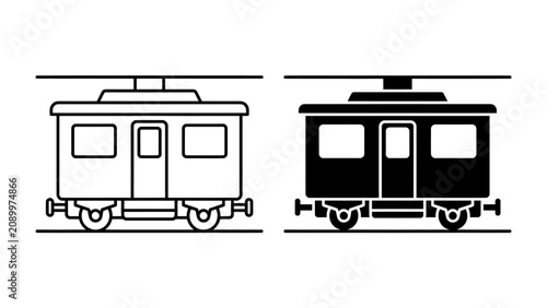 Foto Vintage Train Car Icons: Two stylized representations of classic train cars, one outlined in black and white, the other a solid black silhouette, showcase vintage railway aesthetics