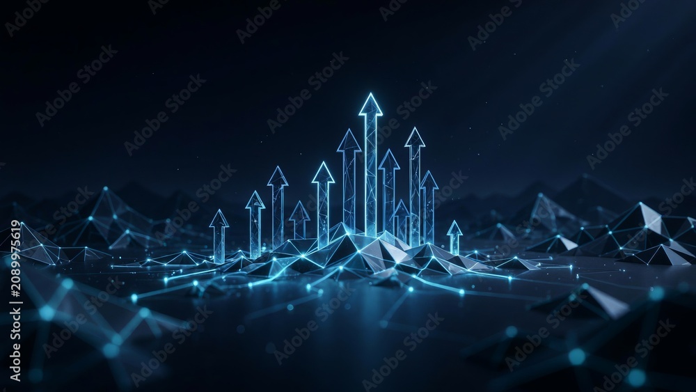 Naklejka premium Abstract digital landscape with glowing arrows representing growth and success