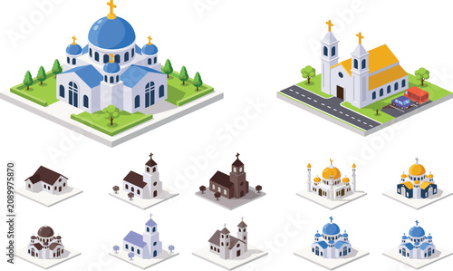 Isometric Church Cathedral and Orthodox Cathedral Collection with Christian Religious Buildings Architecture and Worship Landmarks Vector Set