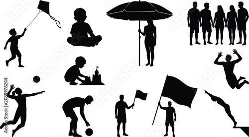 Beach and park activity silhouette vector illustration showing families, children, and adults enjoying leisure and playful fun