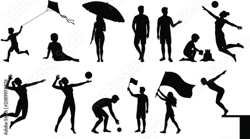 Dynamic outdoor activity silhouette vector illustration featuring families, children, and adults enjoying beach sports and leisure fun