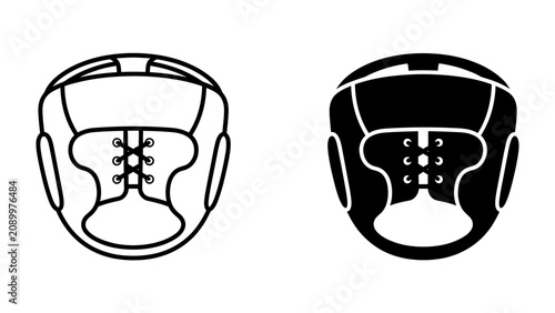 Schilderij op canvas Boxing Headgear Icons: A set of minimalist icons representing boxing headgear, one in outline and the other in solid black, symbolizing protection and combat sports