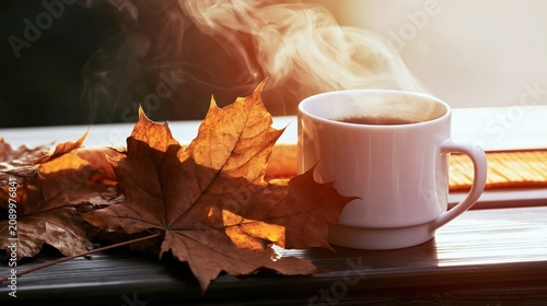 Steaming Coffee Mug With Autumn Leaves In Warm Morning Light