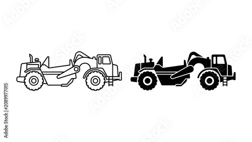 Fotografia Earthmover Scraper Icons: A set of two graphic icons showcasing an earthmover scraper, one in outline and the other in solid black, representing heavy construction machinery