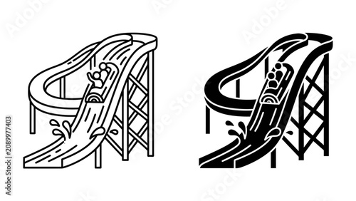 Εκτύπωση καμβά Water Slide Thrills: Two stylized illustrations of a log flume water ride, depicting a log-shaped boat descending a steep drop with splashing water, representing fun and excitement