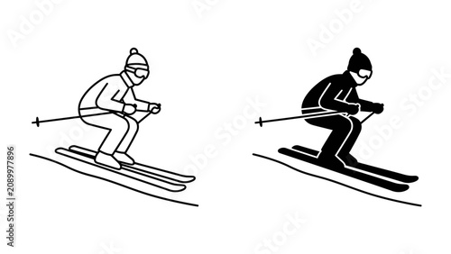 Foto Skiing Icon Duo: Two stylized figures, one in outline and one in silhouette, depict a skier descending a slope, embodying the dynamic action of the sport