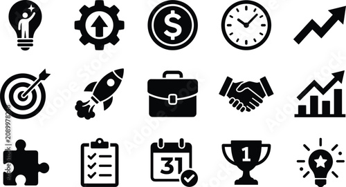 “Vector collection of twelve business productivity icons featuring innovation, finance, growth, teamwork, organization, and achievement concepts”