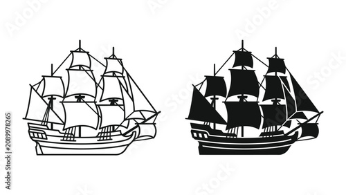 Bilde på lerret Tall Ship Silhouette: Two distinct silhouettes of a classic tall ship, one in outline and the other in solid black, showcase the majestic maritime vessel in its full glory