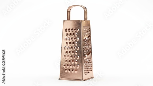 Elegant rose gold kitchen grater standing on a white background