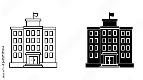 Quadro su tela School Building Icons: A simple and clear graphic representation of a school building, presented in both outline and silhouette styles, ready for educational design