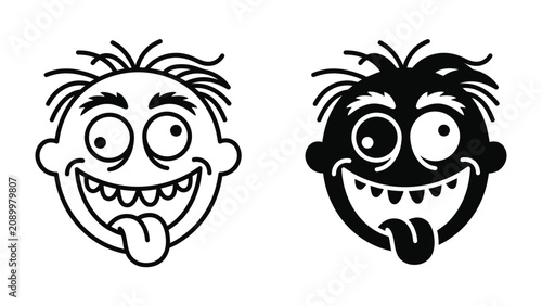 Bild auf Leinwand Crazy Face Icon: Two stylized illustrations of a crazy face, one in outline and the other in silhouette, with wide eyes and a protruding tongue, convey a sense of silliness and fun