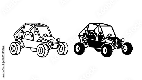 фотографія Dune Buggy Duo: A black and white illustration of a dune buggy, showcasing its rugged design and off-road capabilities, presented as a pair of contrasting line art
