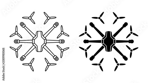 Foto Drone Configuration Symbols: A clear, stylized depiction of two drone frames, one in outline and the other in silhouette, each surrounded by multiple propeller icons