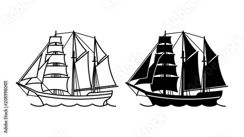 Photos Two Tall Ship Silhouettes: A pair of detailed illustrations depict two majestic tall ships, one outlined and the other a solid silhouette, sailing on calm waters
