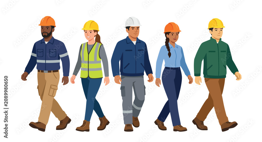 Fototapeta premium Construction workers walking flat vector illustration on a white background